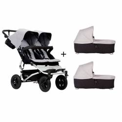 Cochecito Gemelar Duet 3.0 de Mountain Buggy con 2 capazos silver