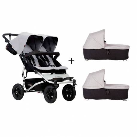 Cochecito Gemelar Duet 3.0 de Mountain Buggy con 2 capazos silver
