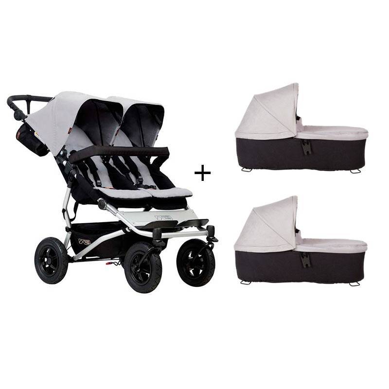 Cochecito Gemelar Duet 3.0 de Mountain Buggy con 2 capazos silver