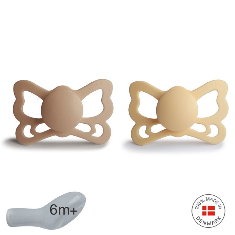 Embalagem de 2 Chupetas Anatômicas de Silicone Mushie Borboleta Sedosa S./Pale D. 6+